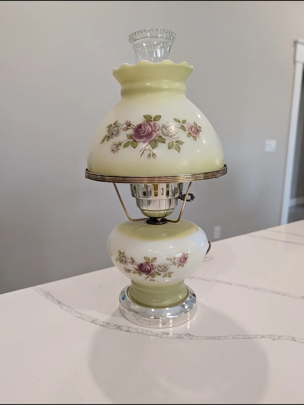 Vintage Gone With the Wind Hurricane Lamp Rose Floral Frosted Milk Glass Works